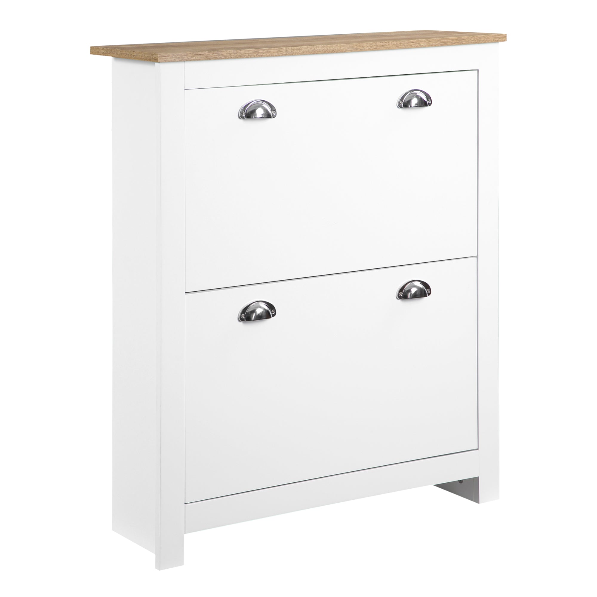 Narrow Shoe Cabinet Entryway Shoe Storage with 2 Fold-Down Drawers Adjustable Shelves for 12 Pairs of Shoes for Hallway 79x23x90.5 cm White