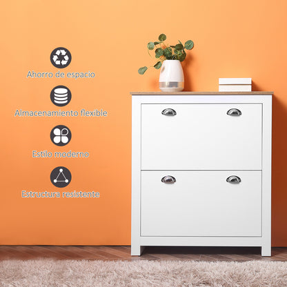 Narrow Shoe Cabinet Entryway Shoe Storage with 2 Fold-Down Drawers Adjustable Shelves for 12 Pairs of Shoes for Hallway 79x23x90.5 cm White