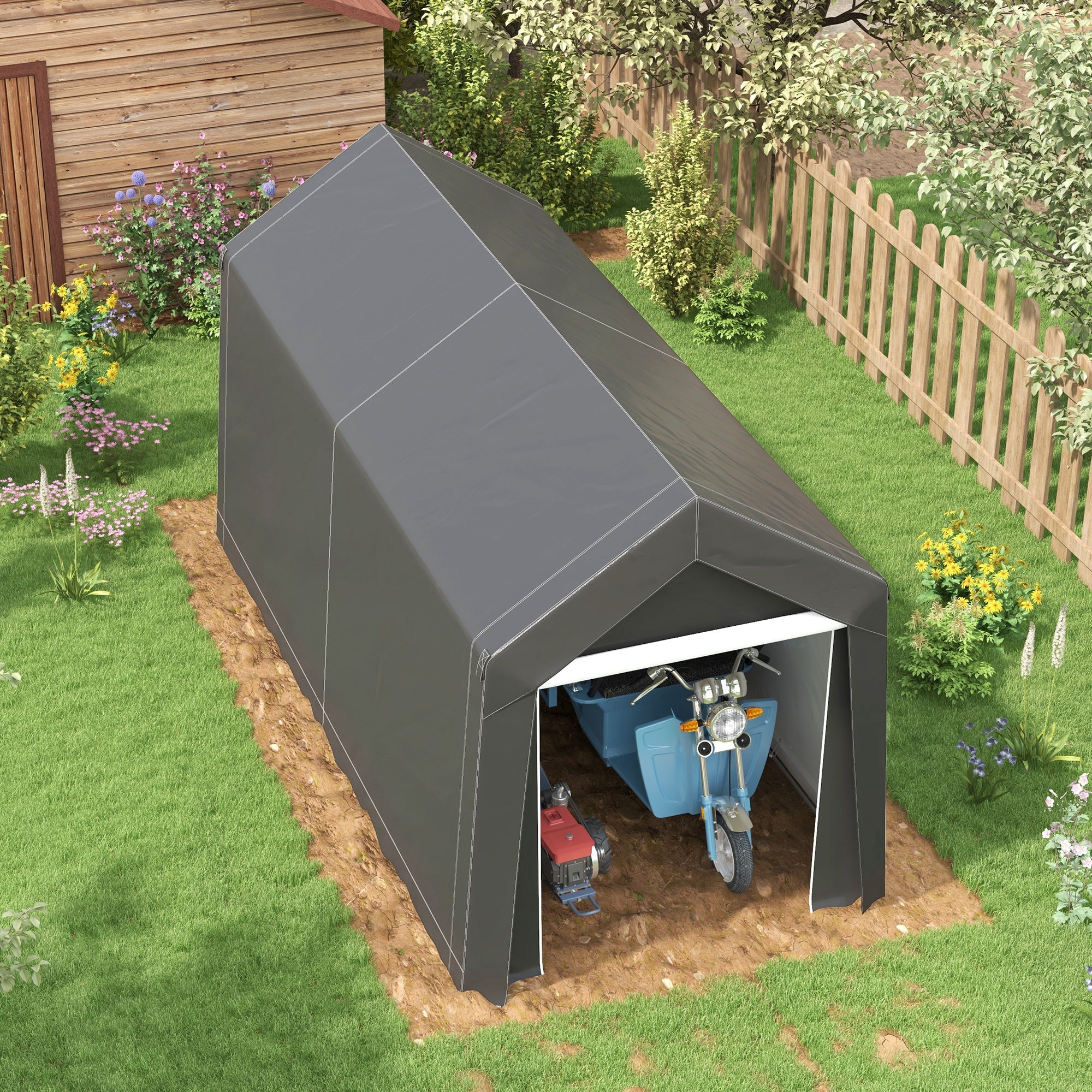 Garage Tent for Bikes, Waterproof Carport with Door, Anti-dust Bike Cover Equipment Tent Foliar Equipment House for Outdoor, Garden, 210 x 360 x 235 cm, Dark Gray