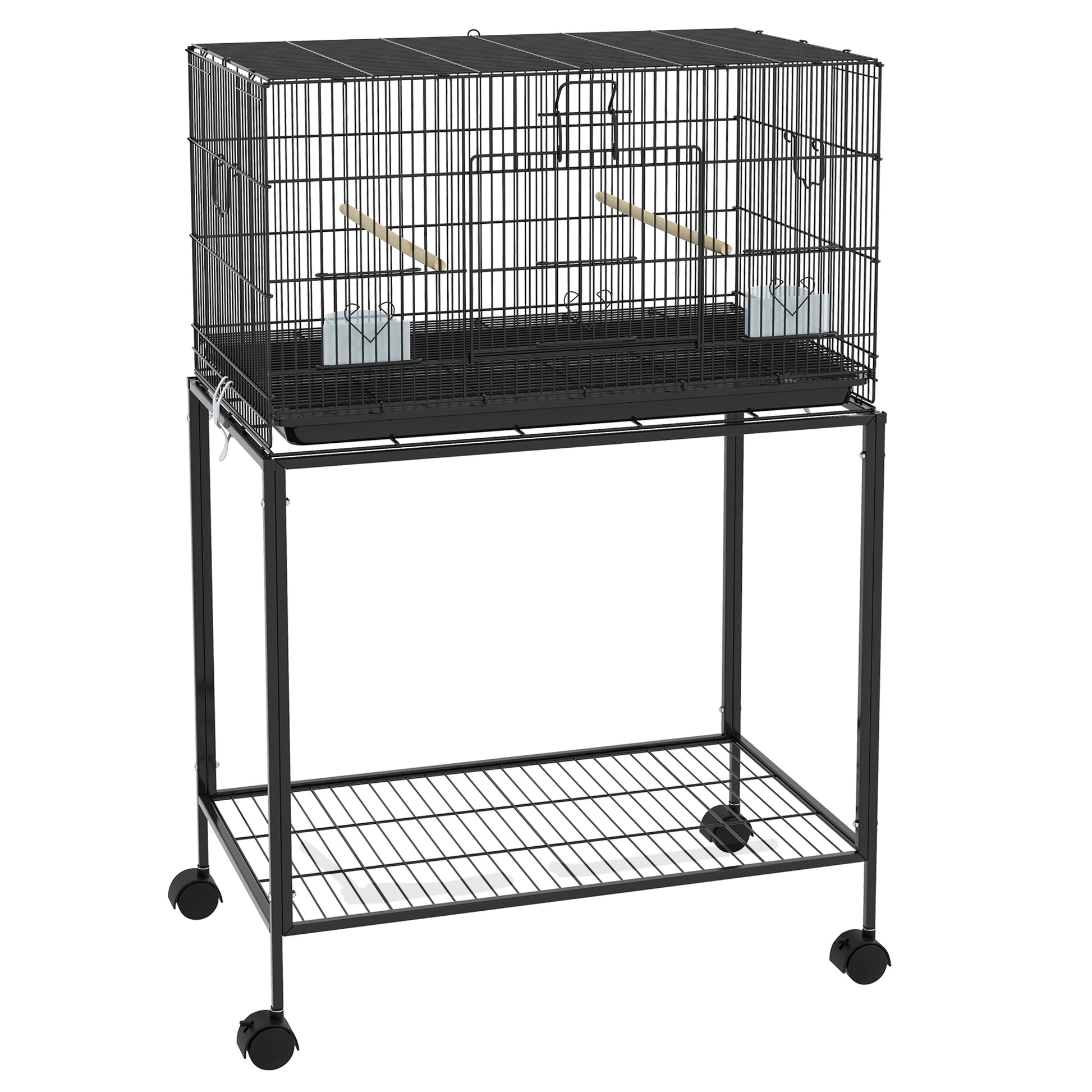 Bird Cage 77x46x119 cm Metal Cage for Birds with Removable Tray Wooden Perches Feeders for Parakeets Canaries Black