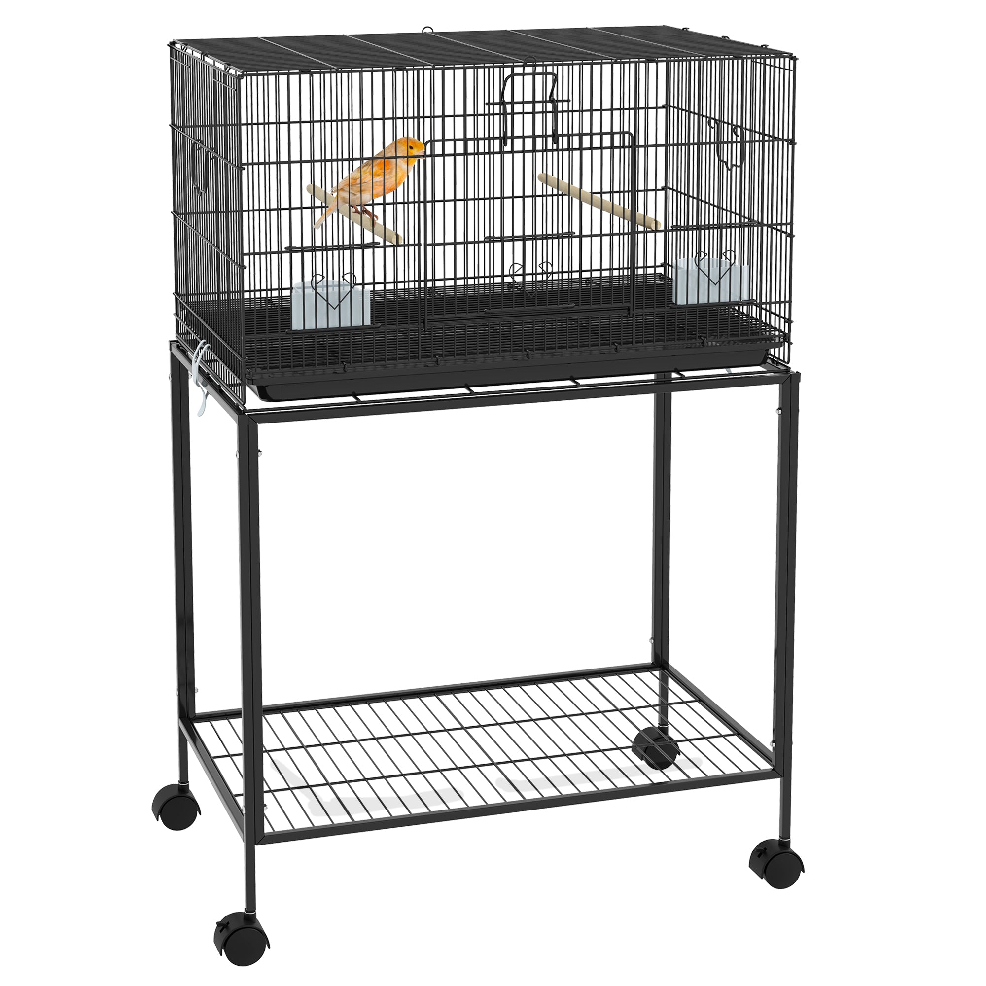Bird Cage 77x46x119 cm Metal Cage for Birds with Removable Tray Wooden Perches Feeders for Parakeets Canaries Black