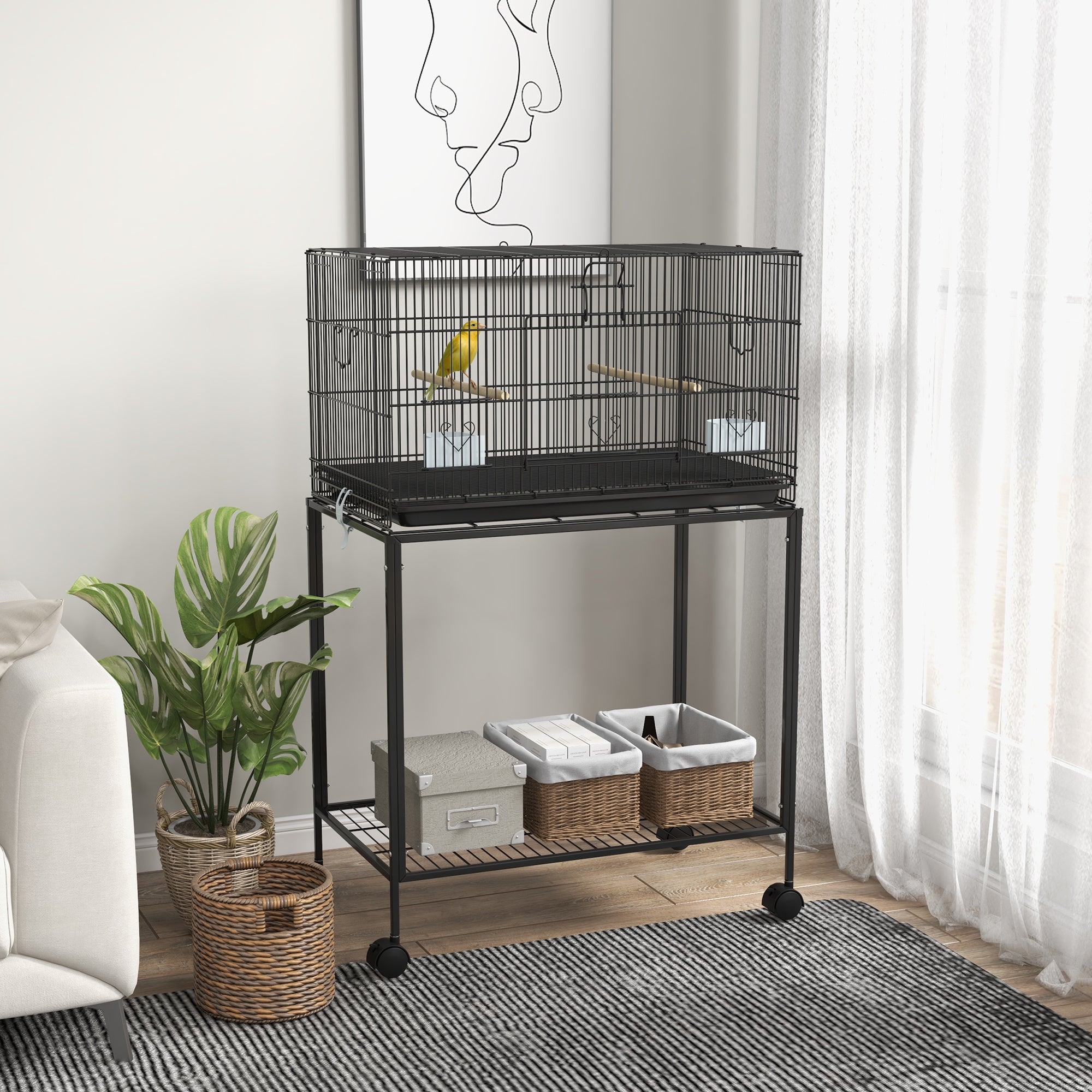 Bird Cage 77x46x119 cm Metal Cage for Birds with Removable Tray Wooden Perches Feeders for Parakeets Canaries Black