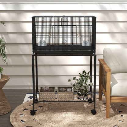 Bird Cage 77x46x119 cm Metal Cage for Birds with Removable Tray Wooden Perches Feeders for Parakeets Canaries Black