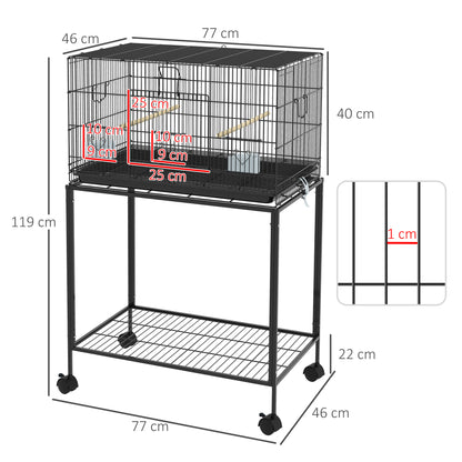 Bird Cage 77x46x119 cm Metal Cage for Birds with Removable Tray Wooden Perches Feeders for Parakeets Canaries Black