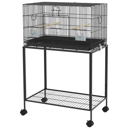 Bird Cage 77x46x119 cm Metal Cage for Birds with Removable Tray Wooden Perches Feeders for Parakeets Canaries Black