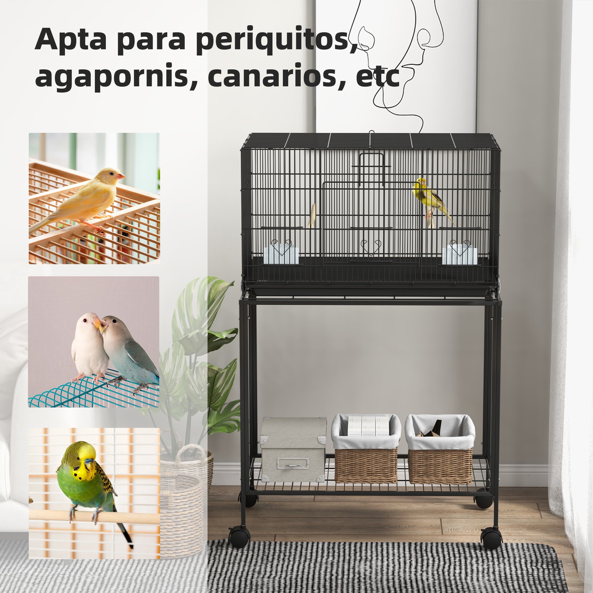 Bird Cage 77x46x119 cm Metal Cage for Birds with Removable Tray Wooden Perches Feeders for Parakeets Canaries Black