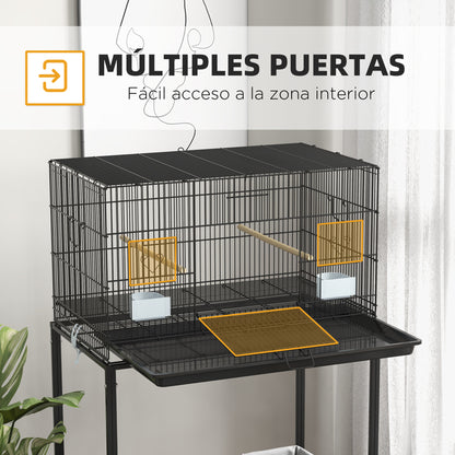 Bird Cage 77x46x119 cm Metal Cage for Birds with Removable Tray Wooden Perches Feeders for Parakeets Canaries Black