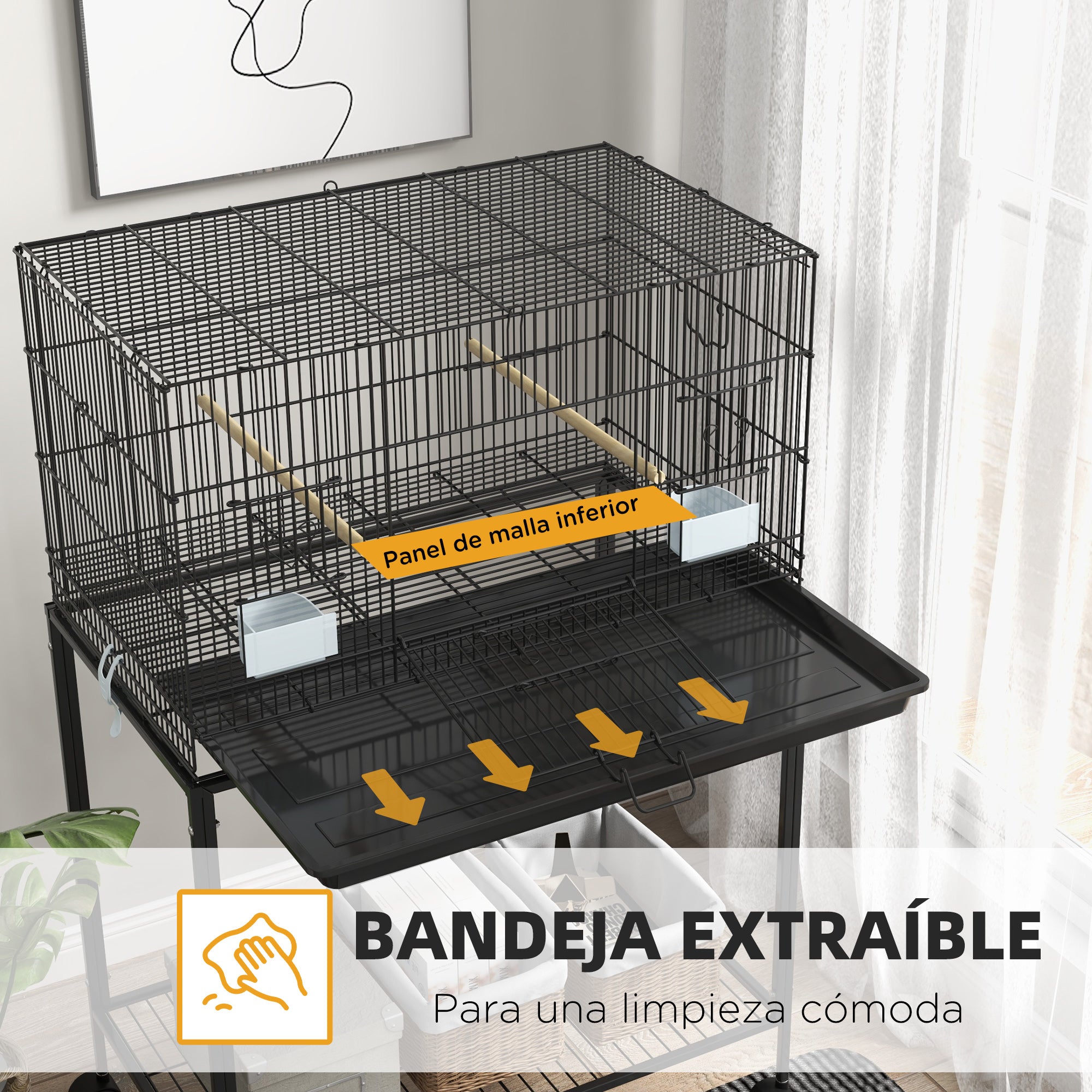 Bird Cage 77x46x119 cm Metal Cage for Birds with Removable Tray Wooden Perches Feeders for Parakeets Canaries Black