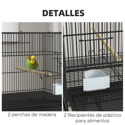 Bird Cage 77x46x119 cm Metal Cage for Birds with Removable Tray Wooden Perches Feeders for Parakeets Canaries Black
