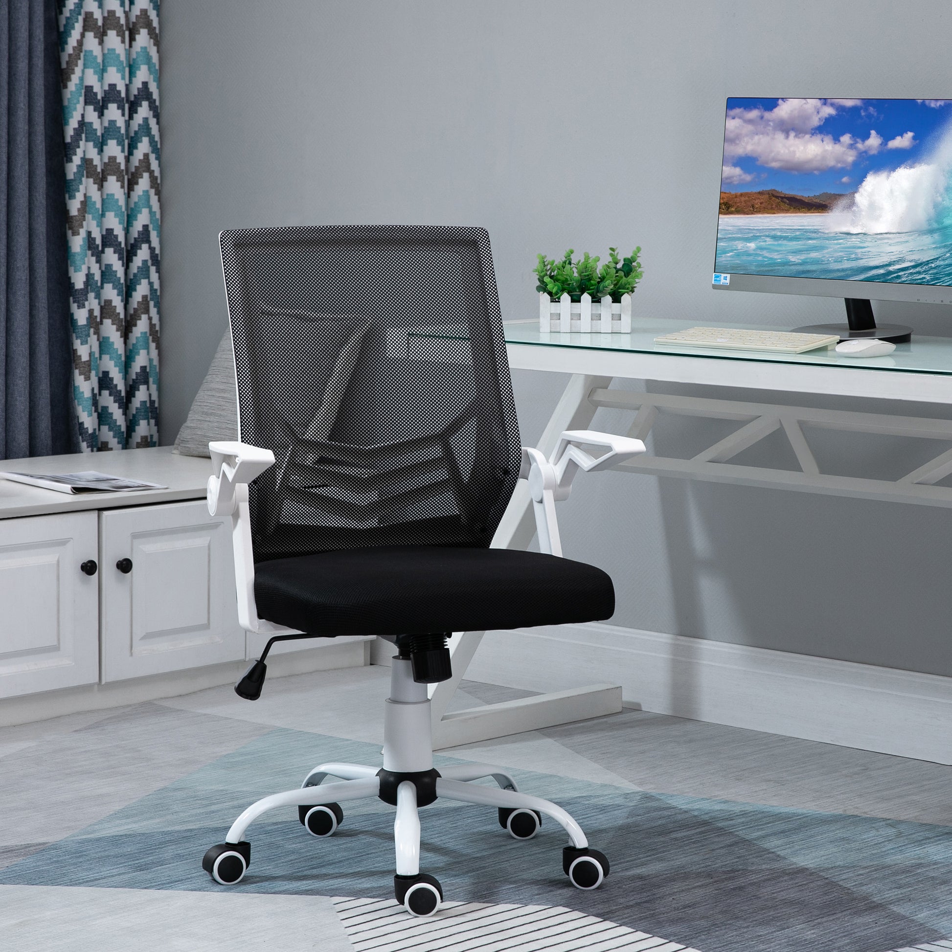 Ergonomic Office Chair Mesh Chair with Adjustable Height Foldable Armrests Breathable Lumbar Support for Teenagers Adults 62.5x55x94-104 cm Black