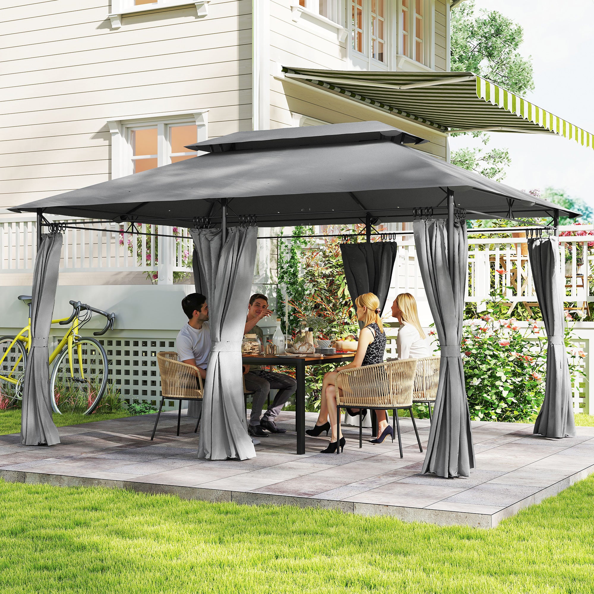 Garden Gazebo 4x3 m Garden Pergola with Double Roof Side Walls Water-Resistant Canopy for Outdoor Terrace Patio Dark Gray