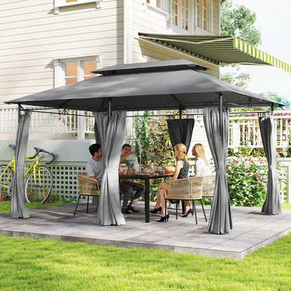 Garden Gazebo 4x3 m Garden Pergola with Double Roof Side Walls Water-Resistant Canopy for Outdoor Terrace Patio Dark Gray
