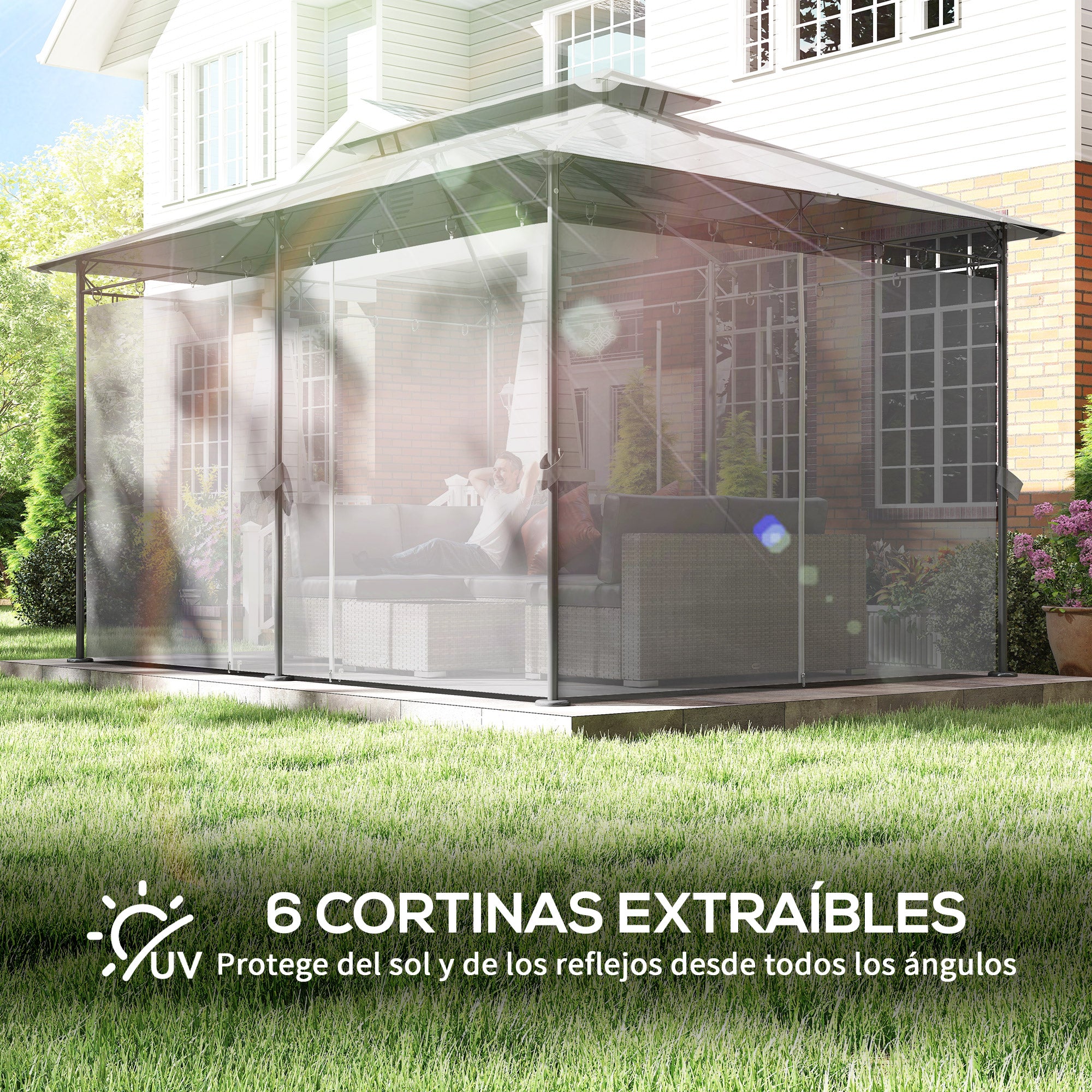 Garden Gazebo 4x3 m Garden Pergola with Double Roof Side Walls Water-Resistant Canopy for Outdoor Terrace Patio Dark Gray