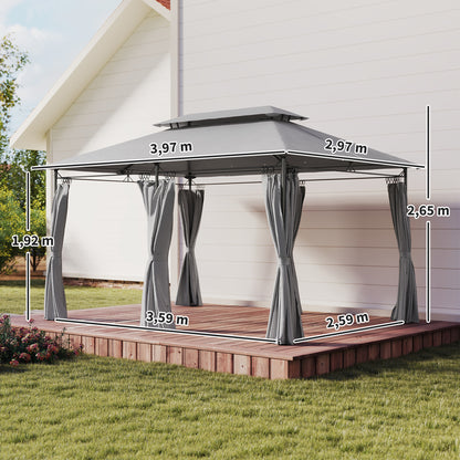 Garden Gazebo 4x3 m Garden Pergola with Double Roof Side Walls Water-Resistant Canopy for Outdoor Terrace Patio Dark Gray