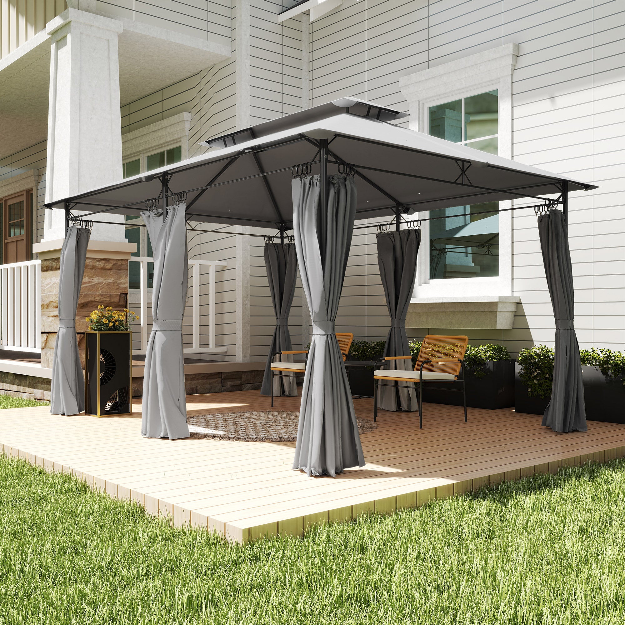 Garden Gazebo 4x3 m Garden Pergola with Double Roof Side Walls Water-Resistant Canopy for Outdoor Terrace Patio Dark Gray