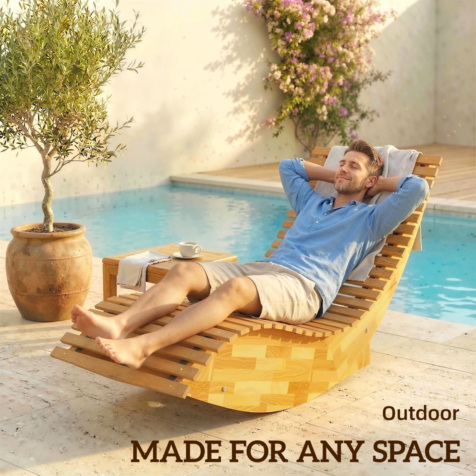 Folding Acacia Wood Sun Lounger — Ergonomic S-Shape Slatted Design, Folding Outdoor Rocking Daybed for Garden, Balcony & Patio, Up to 265 lb (60 x 156 x 77 cm / 23.6 x 61.4 x 30.3 in)