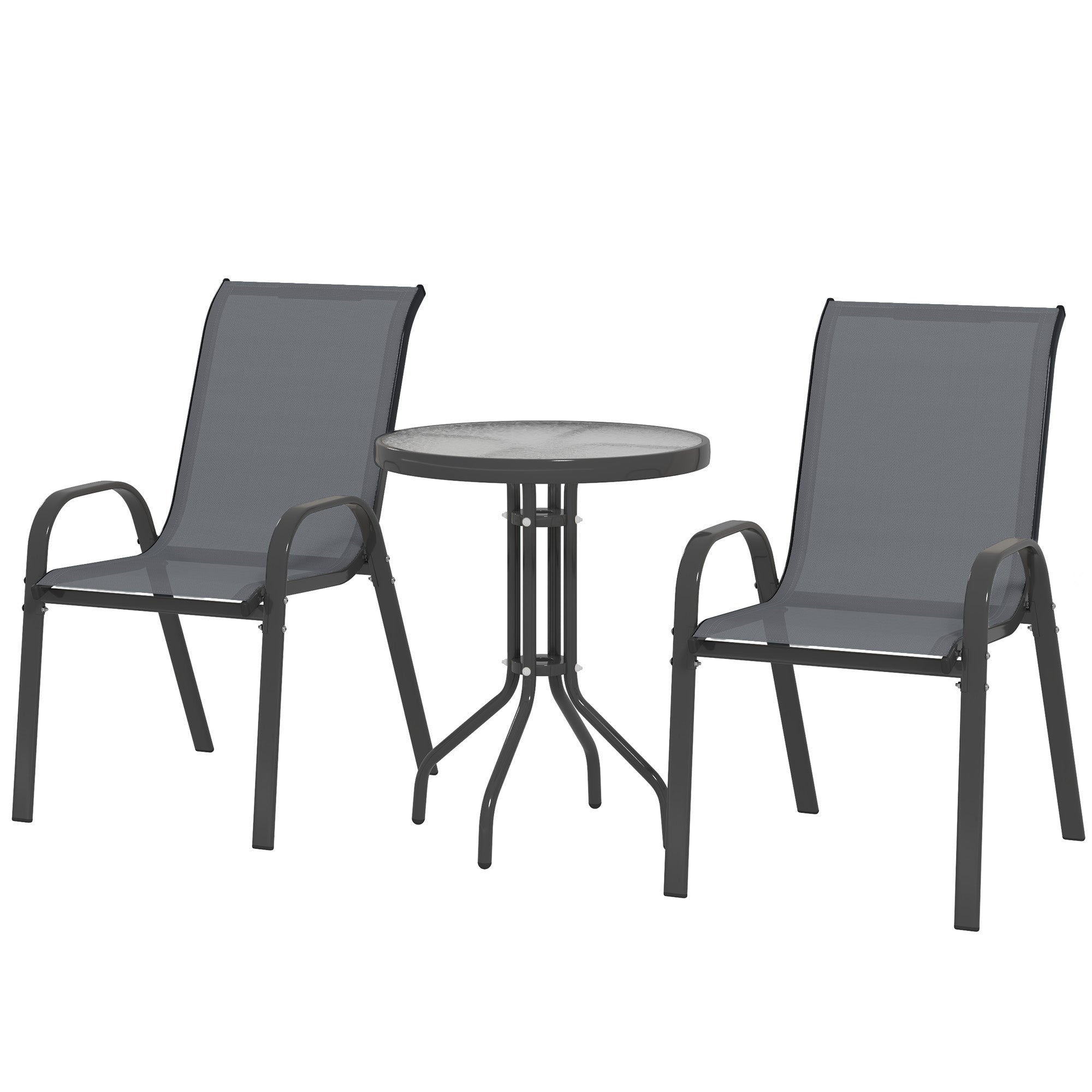 3-Piece Weather-Resistant Bistro Patio Set with Glass Table and Stackable Chairs — Dark Gray