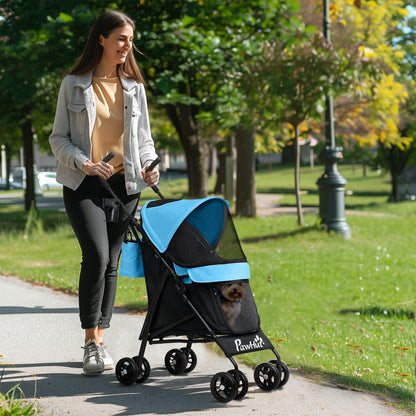 Small Dog Stroller with Umbrella Structure Foldable Dog Stroller with Washable Cushion Cup Holder Mesh Windows and Storage Bag 76x44x103 cm Blue
