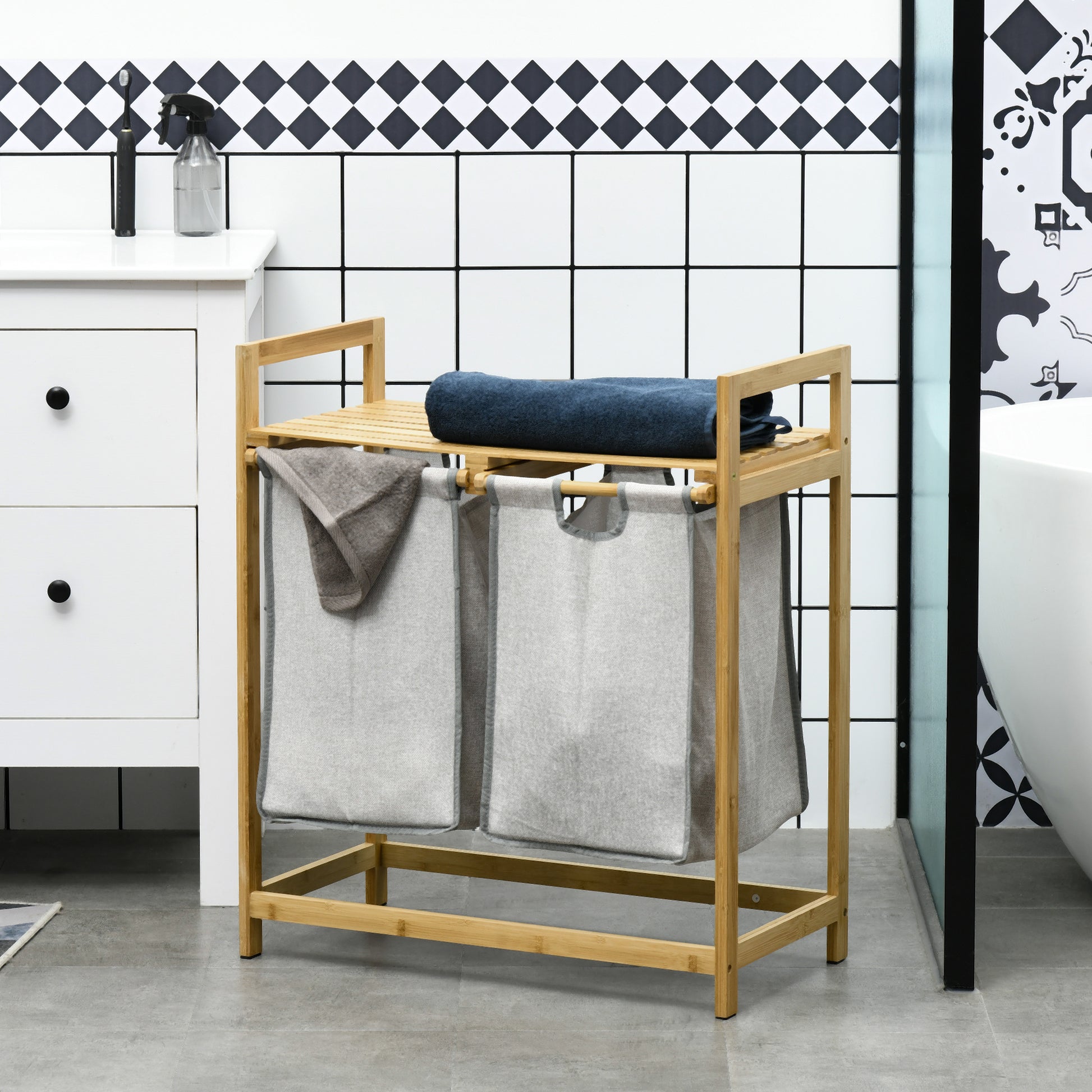 Bamboo Laundry Hamper Double Clothes Basket with 2 Removable Bags and Shelf Load 20kg 2x40.6L for Bathroom Bedroom 64x33x73 cm Natural