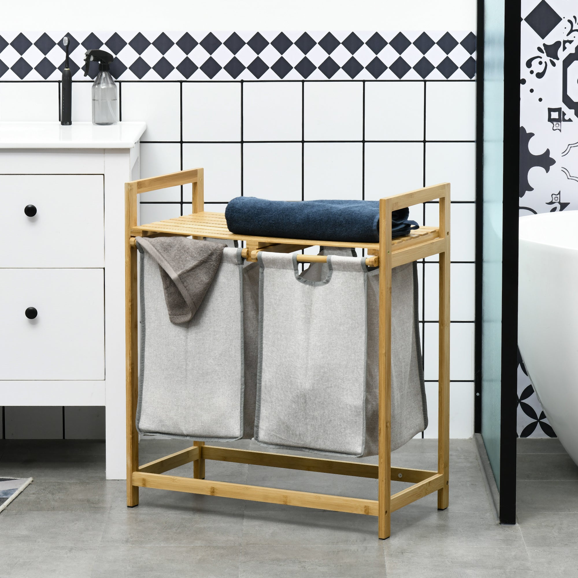 Bamboo Laundry Hamper Double Clothes Basket with 2 Removable Bags and Shelf Load 20kg 2x40.6L for Bathroom Bedroom 64x33x73 cm Natural
