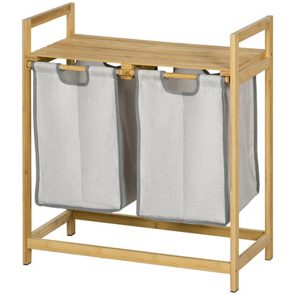 Bamboo Laundry Hamper Double Clothes Basket with 2 Removable Bags and Shelf Load 20kg 2x40.6L for Bathroom Bedroom 64x33x73 cm Natural