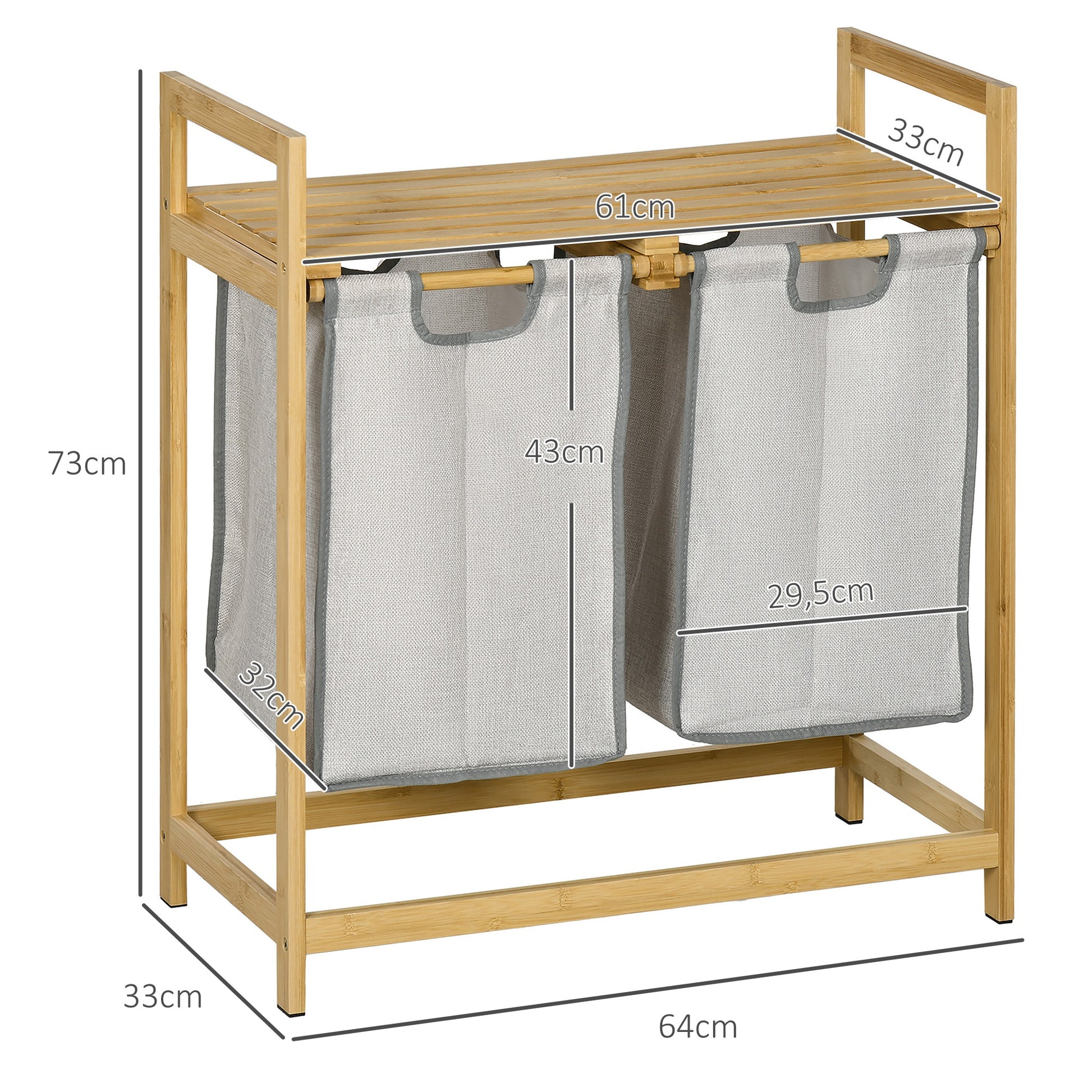 Bamboo Laundry Hamper Double Clothes Basket with 2 Removable Bags and Shelf Load 20kg 2x40.6L for Bathroom Bedroom 64x33x73 cm Natural