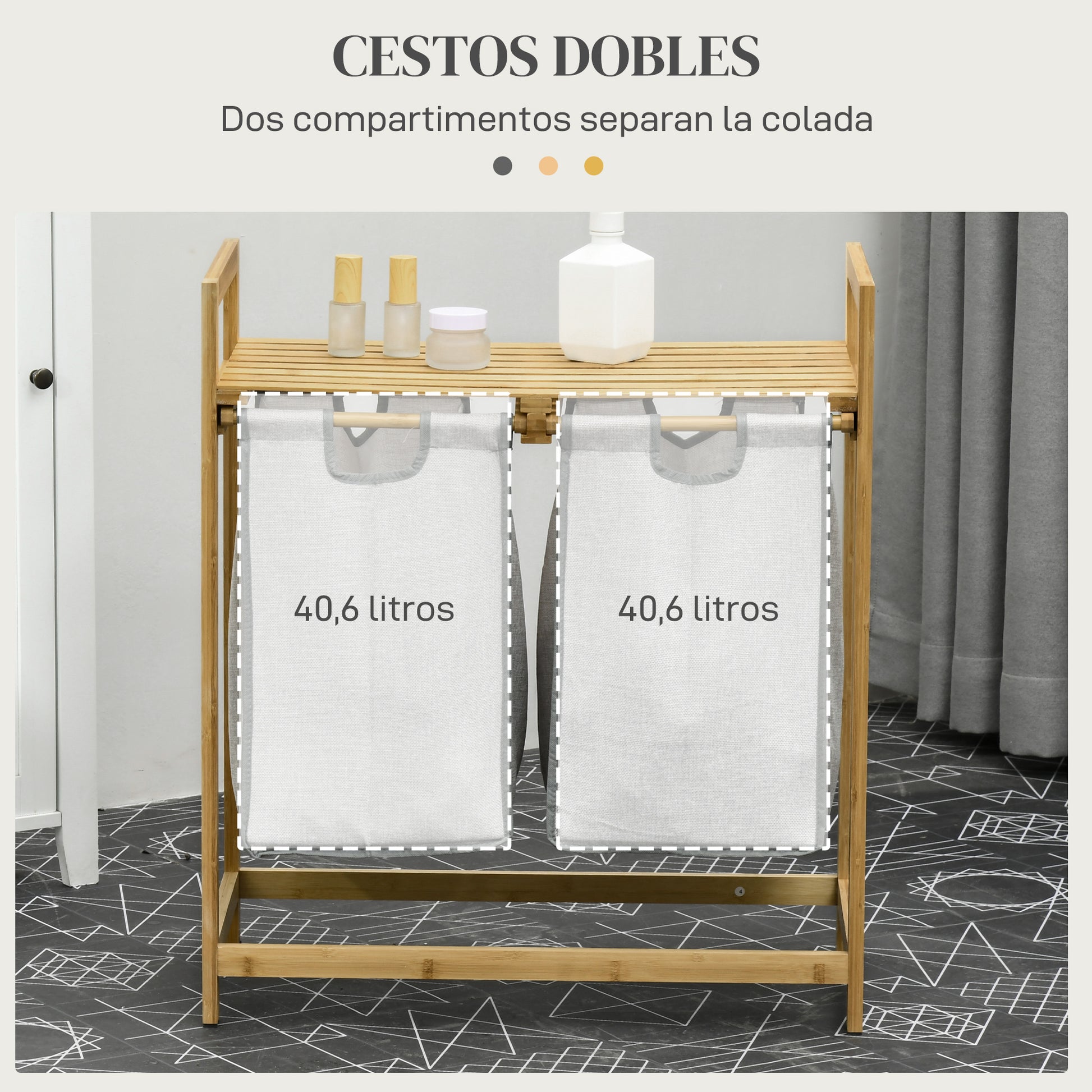 Bamboo Laundry Hamper Double Clothes Basket with 2 Removable Bags and Shelf Load 20kg 2x40.6L for Bathroom Bedroom 64x33x73 cm Natural