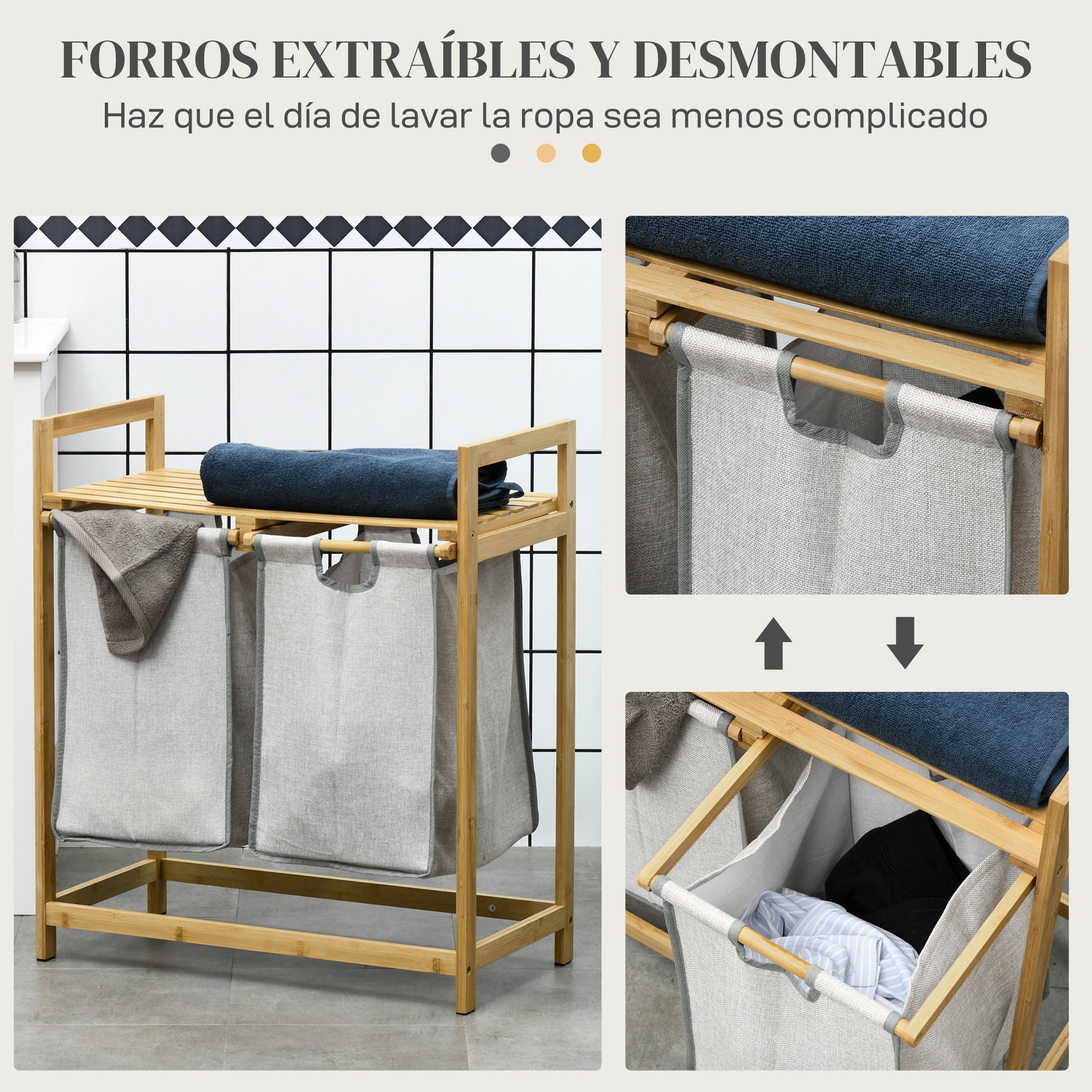 Bamboo Laundry Hamper Double Clothes Basket with 2 Removable Bags and Shelf Load 20kg 2x40.6L for Bathroom Bedroom 64x33x73 cm Natural