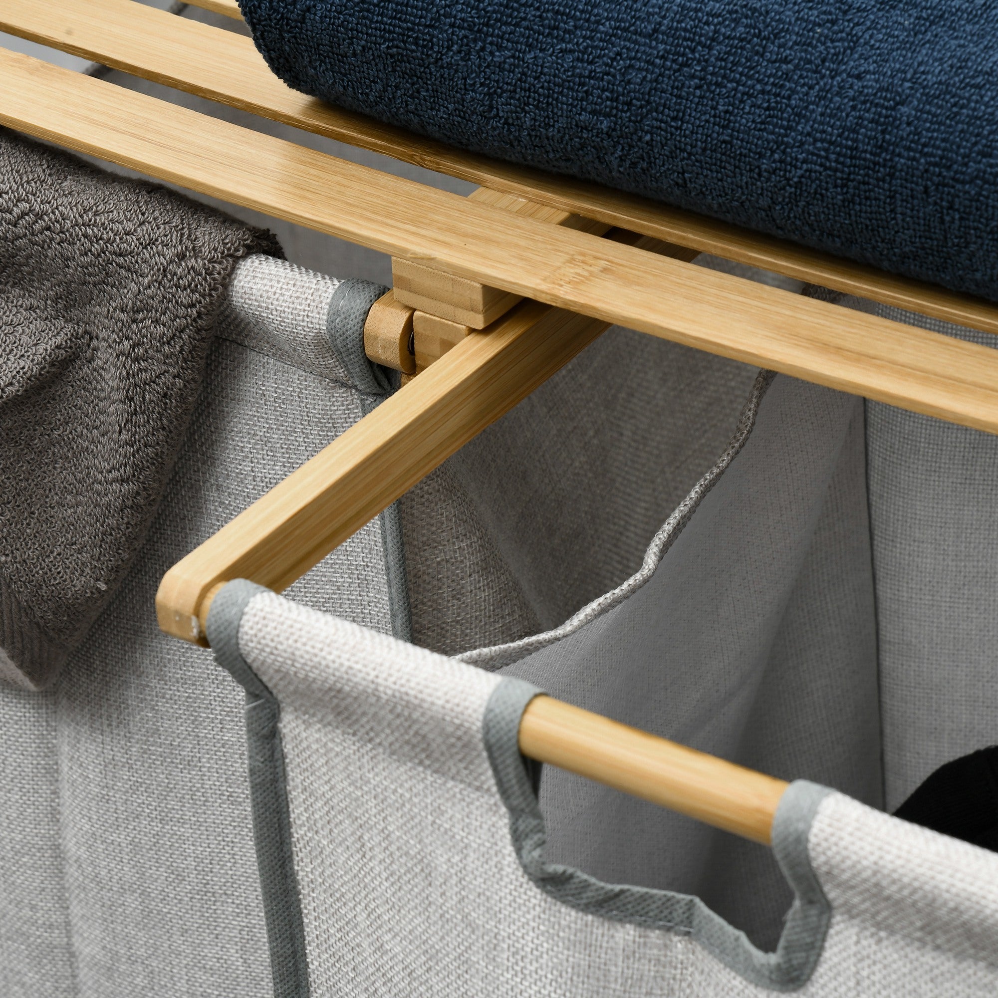 Bamboo Laundry Hamper Double Clothes Basket with 2 Removable Bags and Shelf Load 20kg 2x40.6L for Bathroom Bedroom 64x33x73 cm Natural