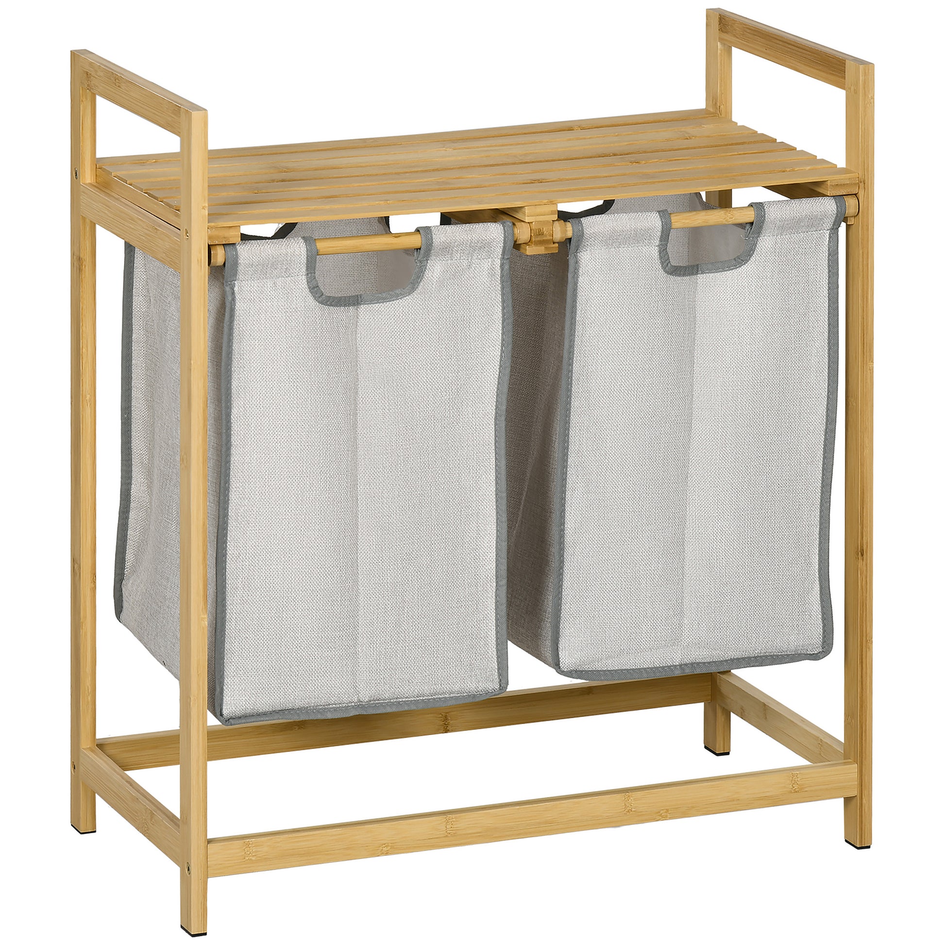 Bamboo Laundry Hamper Double Clothes Basket with 2 Removable Bags and Shelf Load 20kg 2x40.6L for Bathroom Bedroom 64x33x73 cm Natural