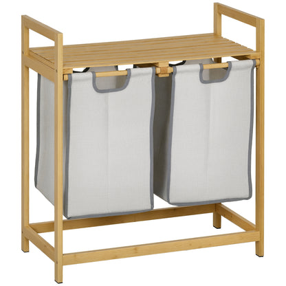 Bamboo Laundry Hamper Double Clothes Basket with 2 Removable Bags and Shelf Load 20kg 2x40.6L for Bathroom Bedroom 64x33x73 cm Natural