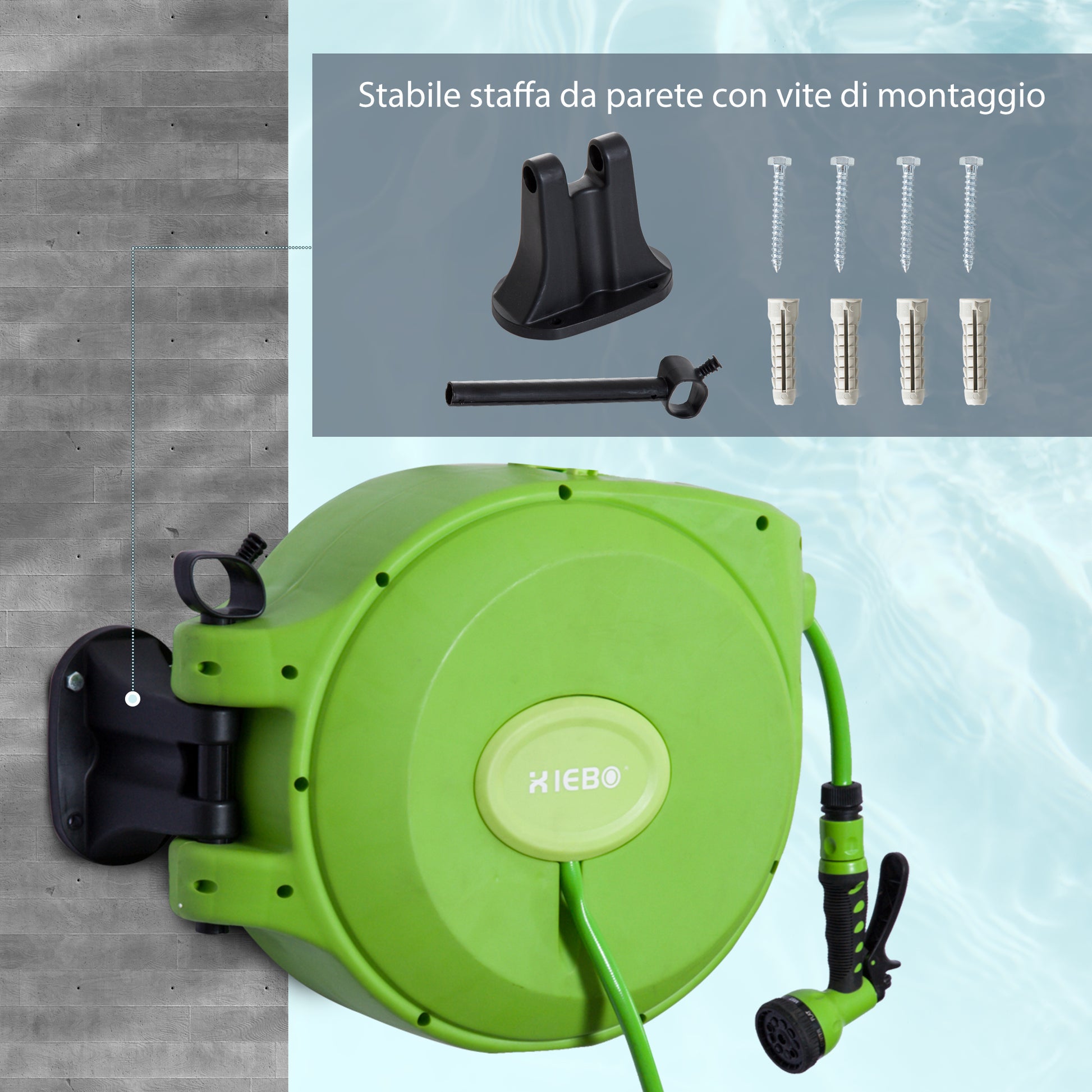 Retractable Garden Hose Reel with 20m Water Hose, 180° Swivel Wall-mounted Hose Reel, Automatic Garden Hose Reel for Irrigation in Plastic, Green
