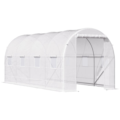 Garden Tunnel Greenhouse with 8 Windows and Roll-Up Door, Metal Frame and Polyethylene Cover, 5x2x2m, White