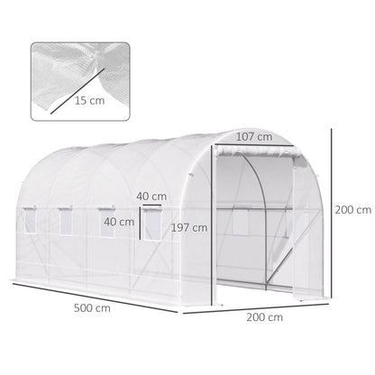 Garden Tunnel Greenhouse with 8 Windows and Roll-Up Door, Metal Frame and Polyethylene Cover, 5x2x2m, White