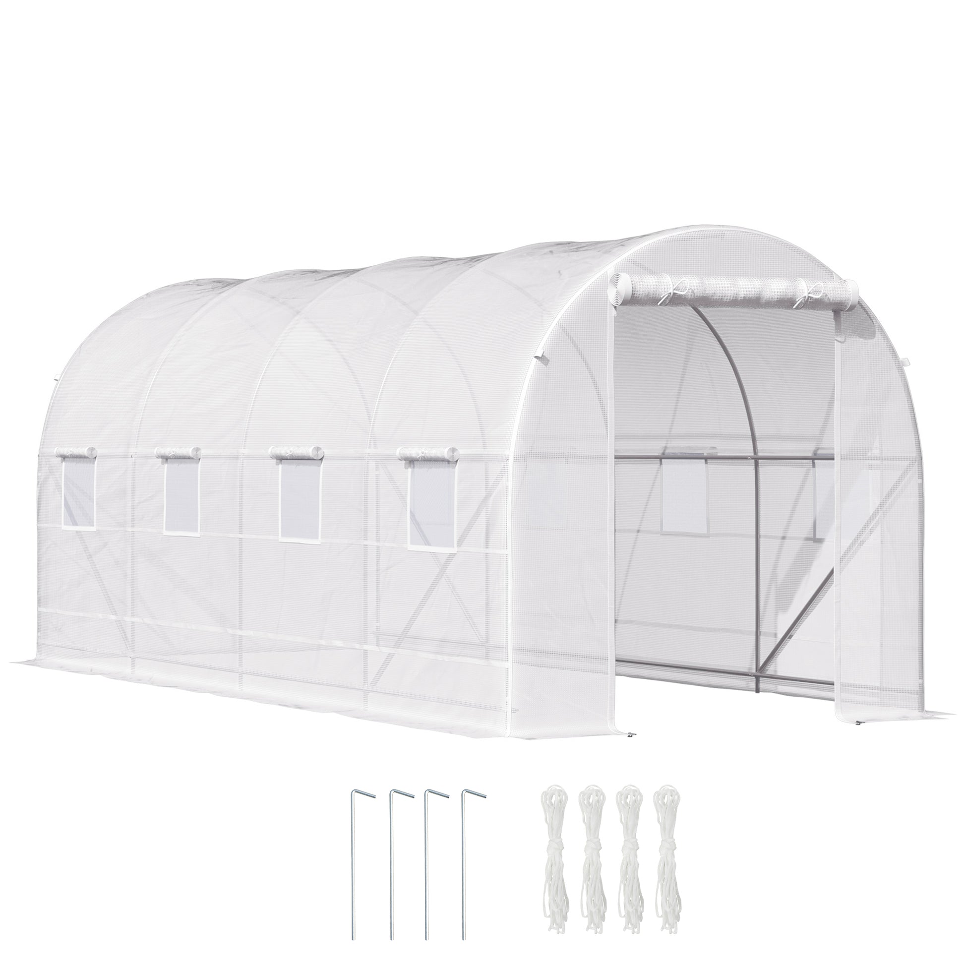 Garden Tunnel Greenhouse with 8 Windows and Roll-Up Door, Metal Frame and Polyethylene Cover, 5x2x2m, White