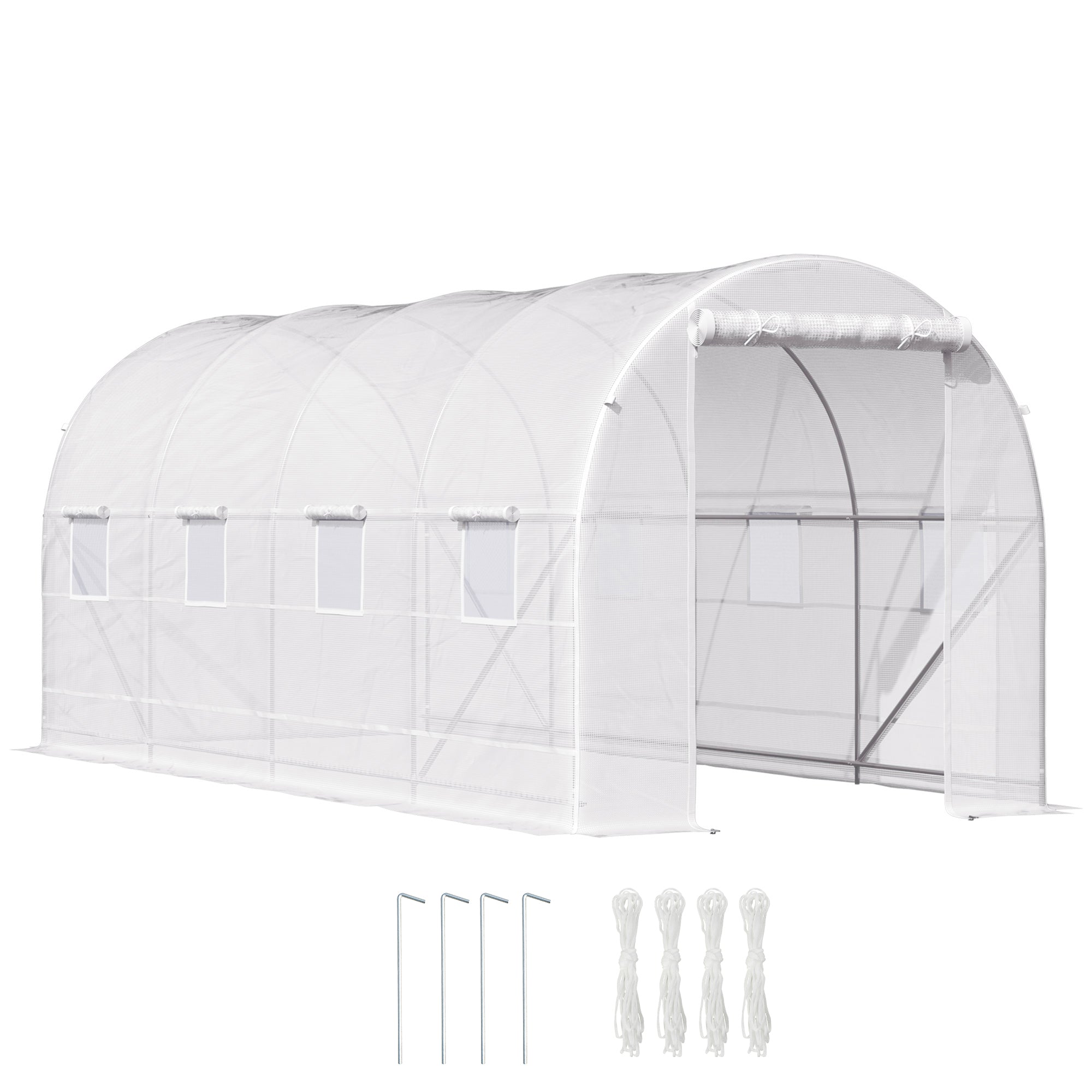 Garden Tunnel Greenhouse with 8 Windows and Roll-Up Door, Metal Frame and Polyethylene Cover, 5x2x2m, White