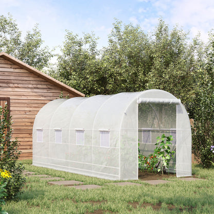 Garden Tunnel Greenhouse with 8 Windows and Roll-Up Door, Metal Frame and Polyethylene Cover, 5x2x2m, White