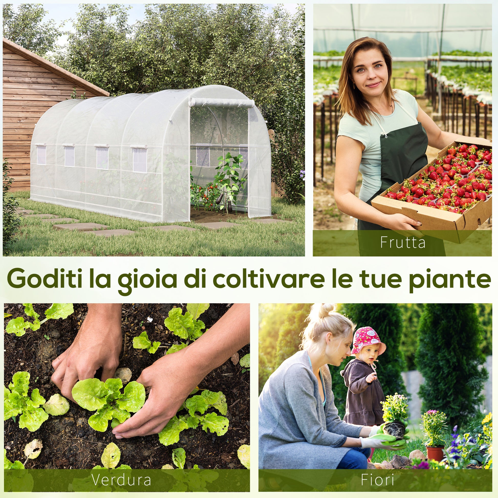 Garden Tunnel Greenhouse with 8 Windows and Roll-Up Door, Metal Frame and Polyethylene Cover, 5x2x2m, White