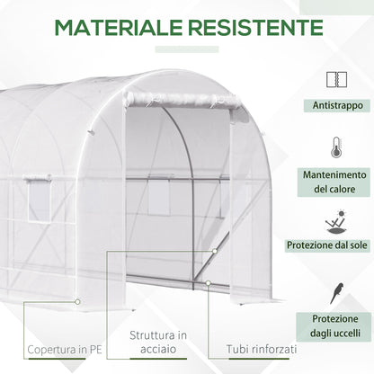 Garden Tunnel Greenhouse with 8 Windows and Roll-Up Door, Metal Frame and Polyethylene Cover, 5x2x2m, White