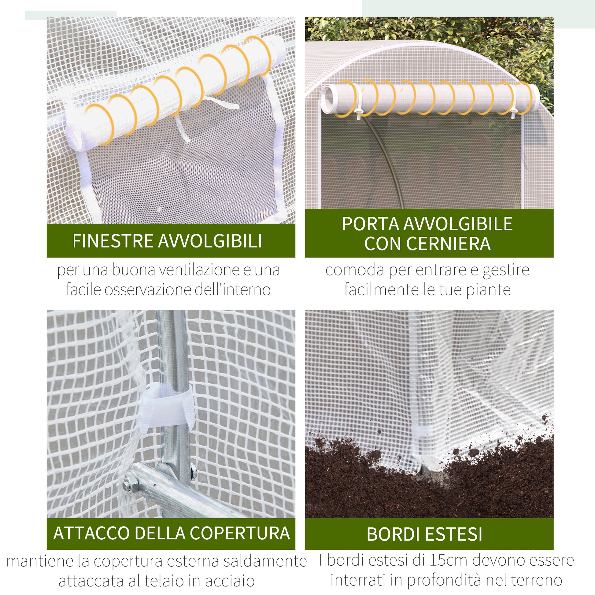 Garden Tunnel Greenhouse with 8 Windows and Roll-Up Door, Metal Frame and Polyethylene Cover, 5x2x2m, White