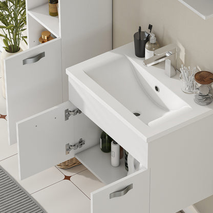 4-Piece Wall-Mounted Bathroom Vanity Set with Ceramic Basin, Tall Storage Cabinet & Mirror — Modern White