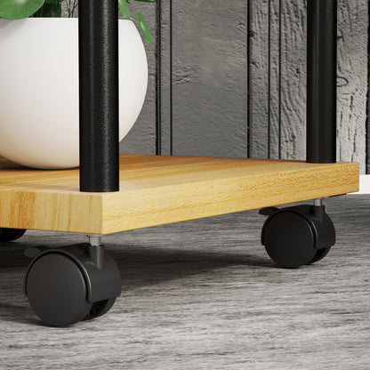 5-Tier Plant Stand for Indoor and Outdoor, Plant Shelf with 4 Wheels, Steel and Wood Plant Holder for Garden, Patio, Balcony, Living Room, Natural Wood