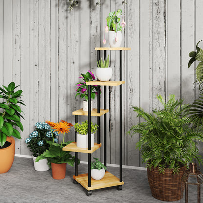 5-Tier Plant Stand for Indoor and Outdoor, Plant Shelf with 4 Wheels, Steel and Wood Plant Holder for Garden, Patio, Balcony, Living Room, Natural Wood