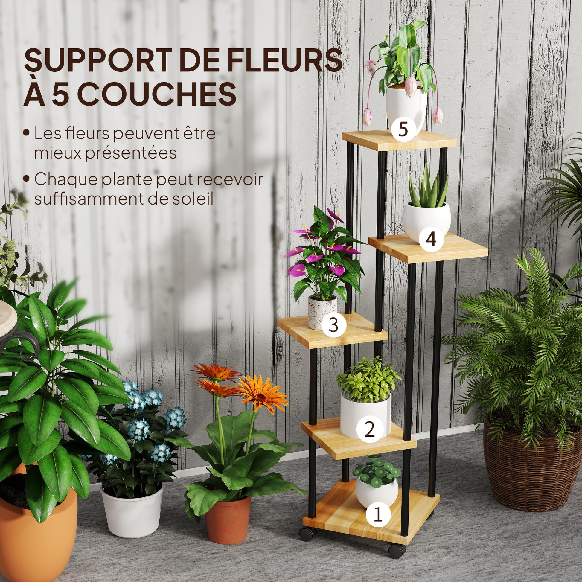 5-Tier Plant Stand for Indoor and Outdoor, Plant Shelf with 4 Wheels, Steel and Wood Plant Holder for Garden, Patio, Balcony, Living Room, Natural Wood