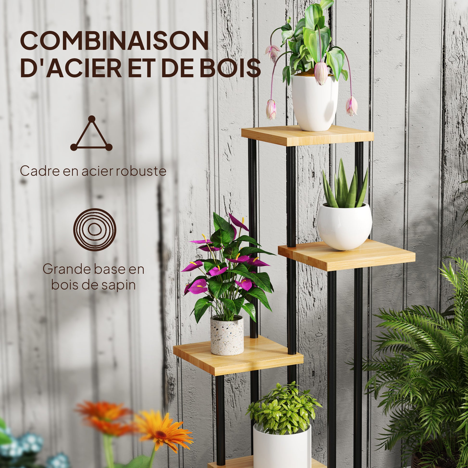 5-Tier Plant Stand for Indoor and Outdoor, Plant Shelf with 4 Wheels, Steel and Wood Plant Holder for Garden, Patio, Balcony, Living Room, Natural Wood