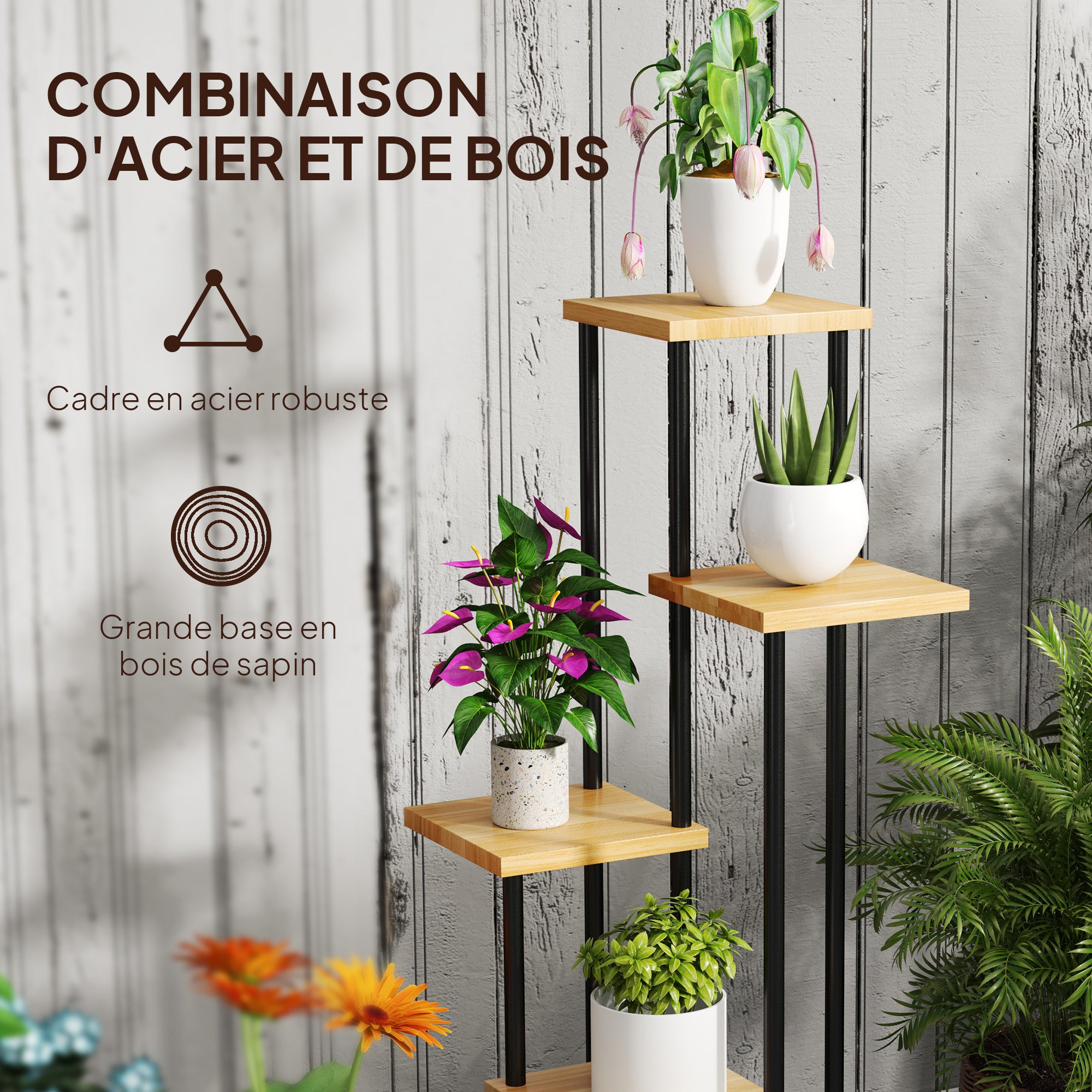 5-Tier Plant Stand for Indoor and Outdoor, Plant Shelf with 4 Wheels, Steel and Wood Plant Holder for Garden, Patio, Balcony, Living Room, Natural Wood