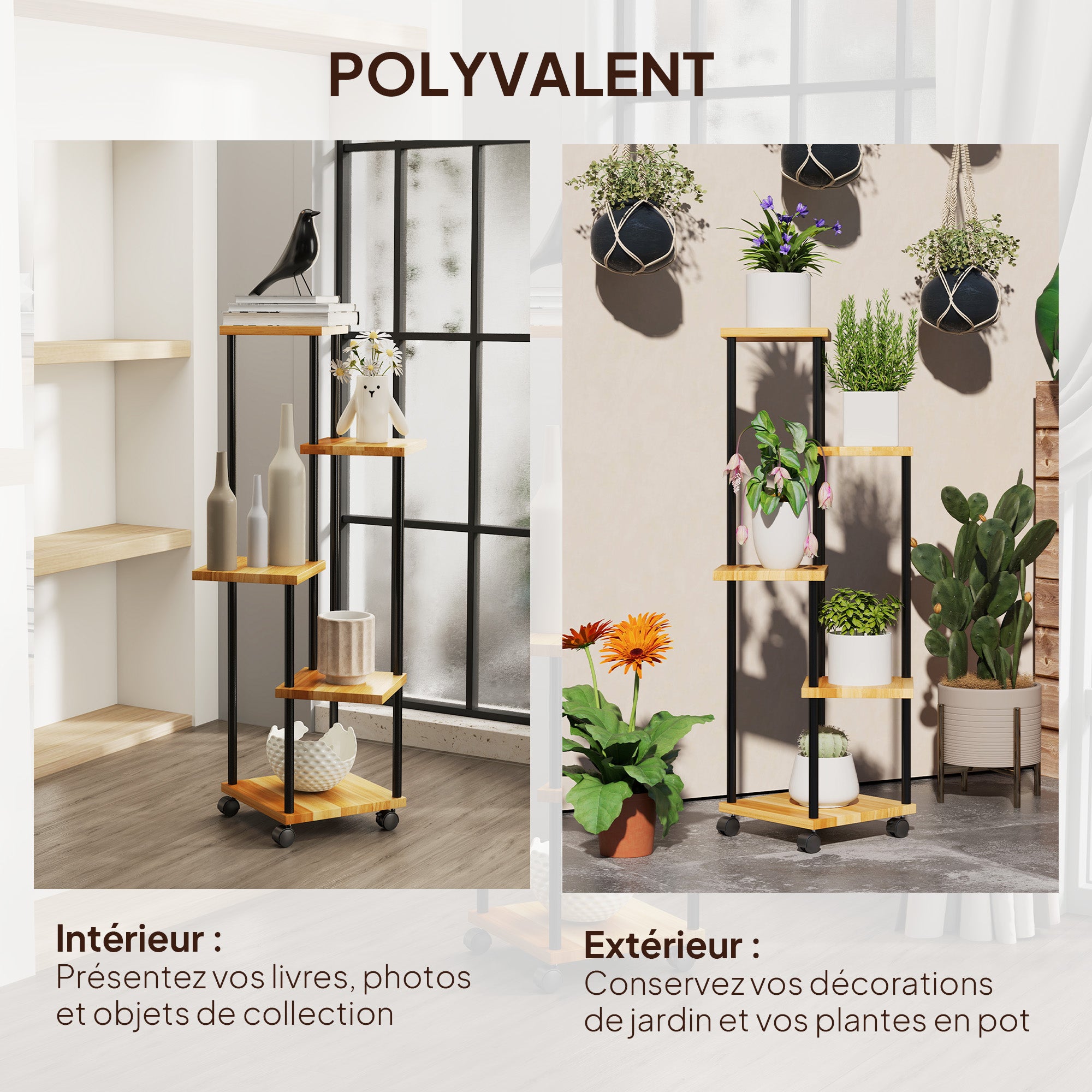 5-Tier Plant Stand for Indoor and Outdoor, Plant Shelf with 4 Wheels, Steel and Wood Plant Holder for Garden, Patio, Balcony, Living Room, Natural Wood