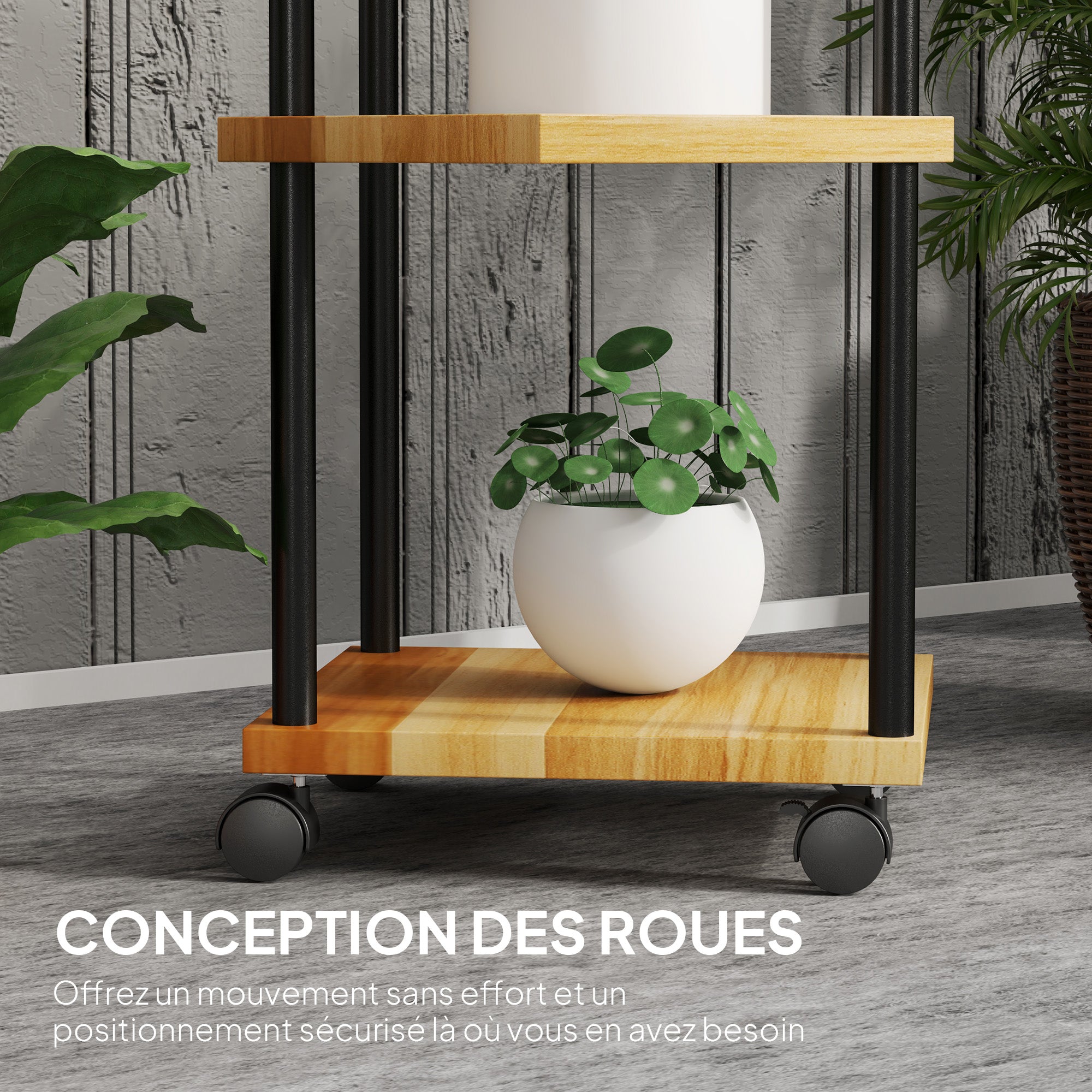 5-Tier Plant Stand for Indoor and Outdoor, Plant Shelf with 4 Wheels, Steel and Wood Plant Holder for Garden, Patio, Balcony, Living Room, Natural Wood