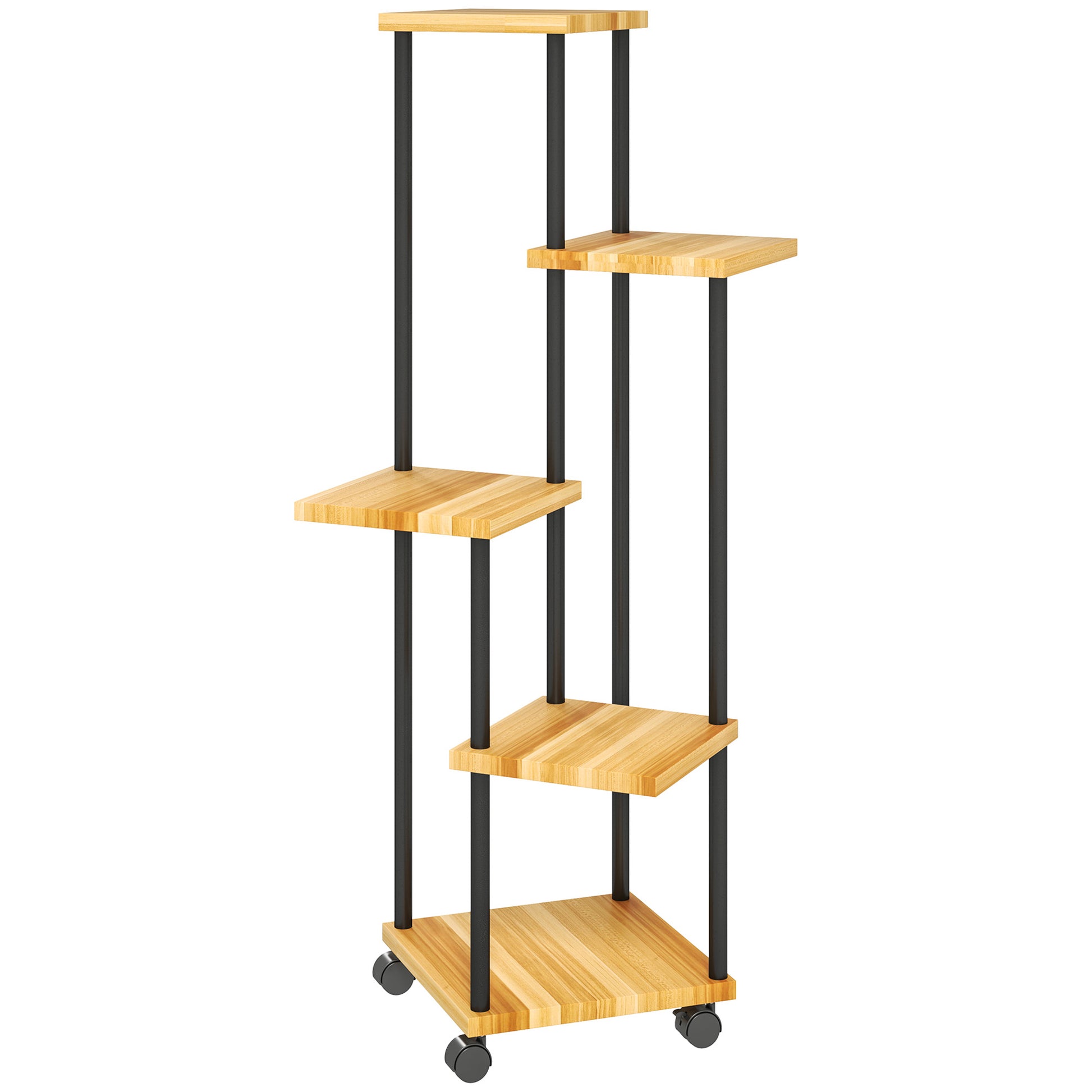 5-Tier Plant Stand for Indoor and Outdoor, Plant Shelf with 4 Wheels, Steel and Wood Plant Holder for Garden, Patio, Balcony, Living Room, Natural Wood