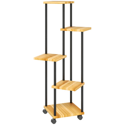 5-Tier Plant Stand for Indoor and Outdoor, Plant Shelf with 4 Wheels, Steel and Wood Plant Holder for Garden, Patio, Balcony, Living Room, Natural Wood